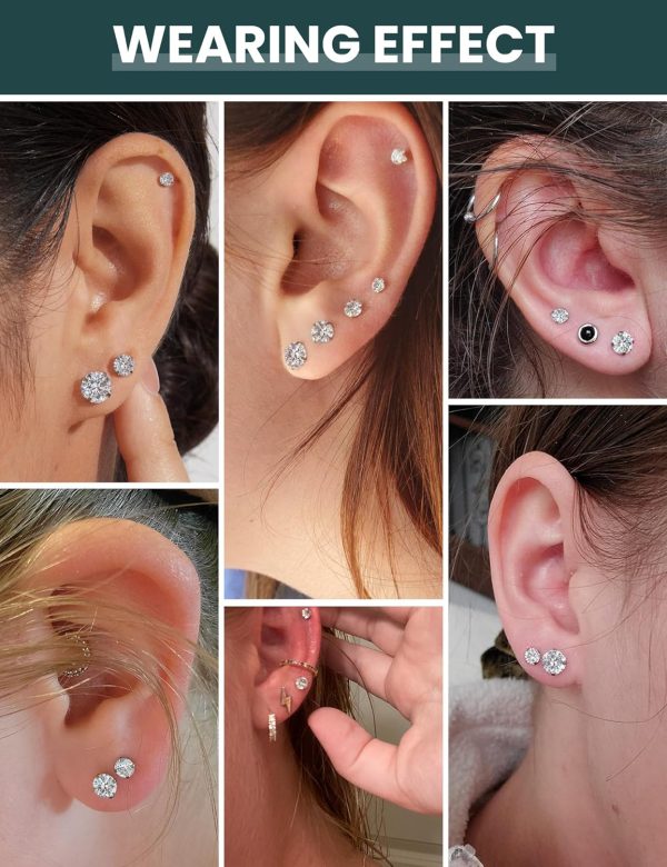 5 Pairs Stud Earrings Set, Hypoallergenic Cubic Zirconia 316L Earrings Stainless Steel CZ Earrings 3-8mm (Steel color) - Image 2