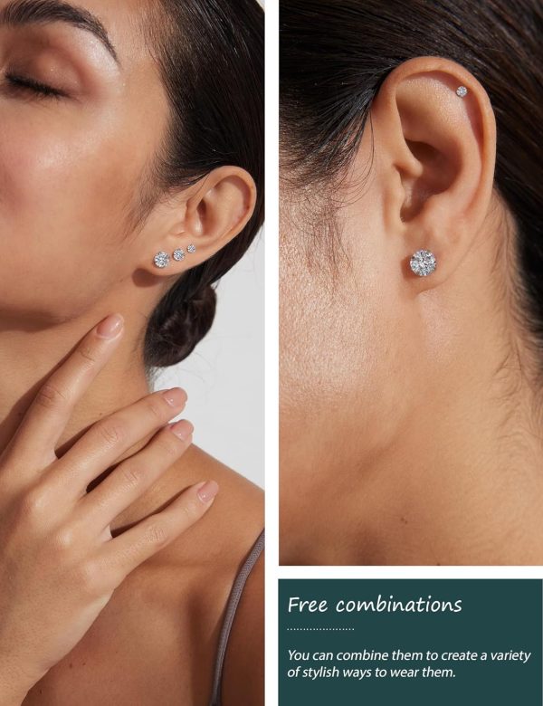 5 Pairs Stud Earrings Set, Hypoallergenic Cubic Zirconia 316L Earrings Stainless Steel CZ Earrings 3-8mm (Steel color) - Image 3