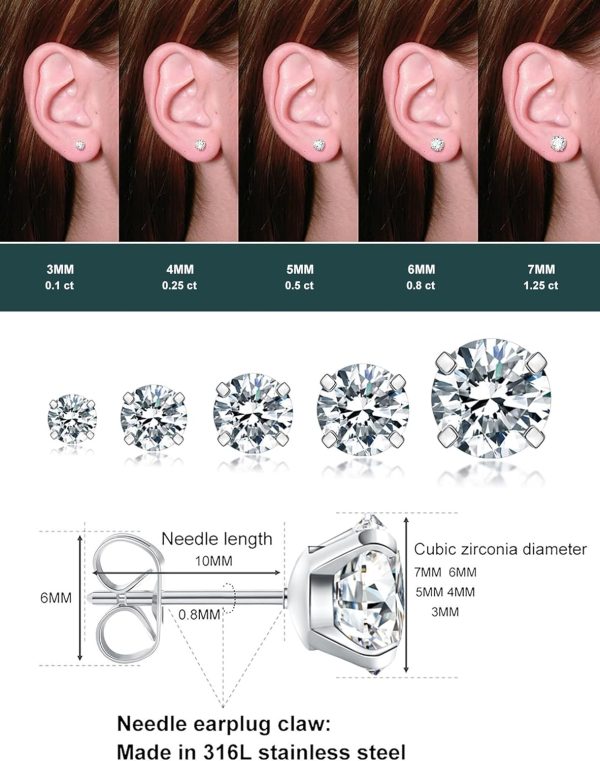 5 Pairs Stud Earrings Set, Hypoallergenic Cubic Zirconia 316L Earrings Stainless Steel CZ Earrings 3-8mm (Steel color) - Image 5