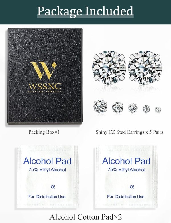 5 Pairs Stud Earrings Set, Hypoallergenic Cubic Zirconia 316L Earrings Stainless Steel CZ Earrings 3-8mm (Steel color) - Image 6