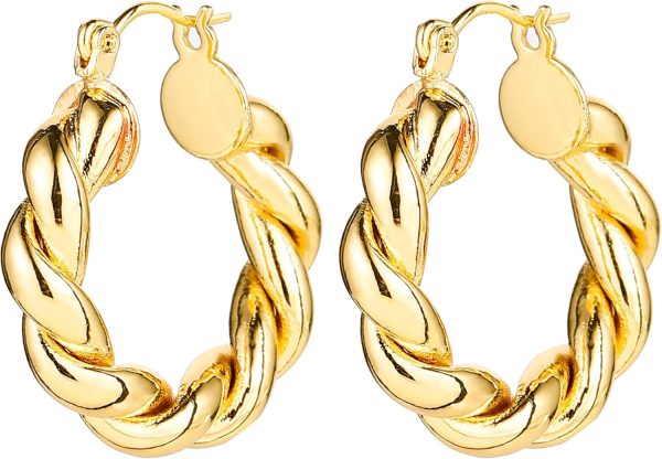 6 Pairs 14K Gold Hoop Earrings for Women Lightweight Chunky Hoop Earrings Multipack Hypoallergenic, Thick Open Twisted Huggie Hoops Earring Set Jewelry for Gifts. - Image 9