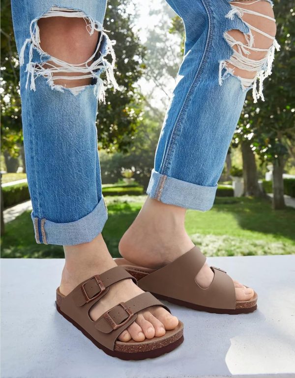 Women's Cork Footbed Slide Sandal, Comfortable Summer Beach Sandals with Adjustable Buckle - Image 3